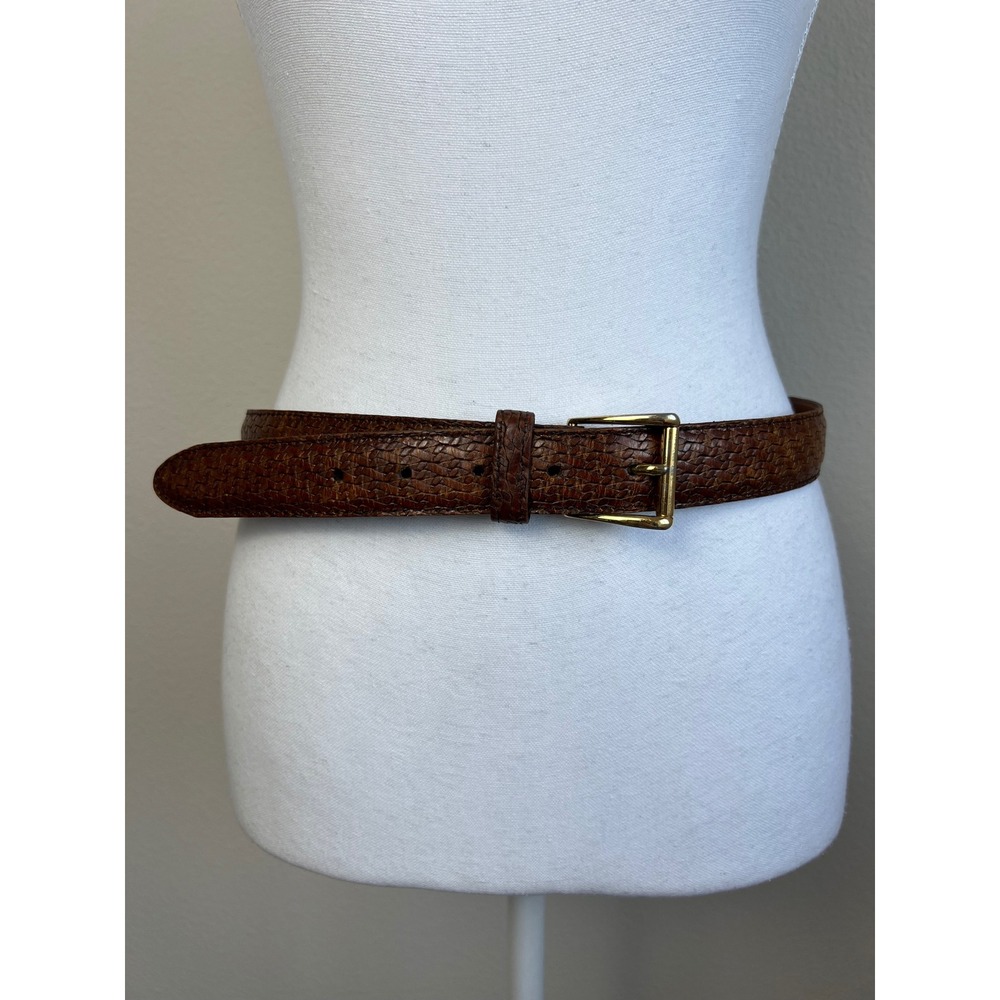 VTG Cole Haan Brown Embossed Leather Belt Gold Buckle USA Made Old Money Size 32